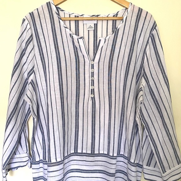 Liz Claiborne Linen Women’s Top Xtra Large Striped Blue and White 3/4 Sleeve - Picture 2 of 10